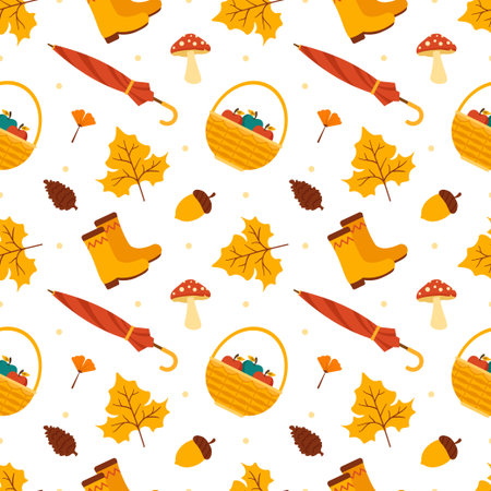 Autumn Season Seamless Pattern Design with Fall Elements in Template Cartoon Flat Illustrationのイラスト素材