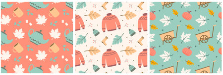 Set of Autumn Season Seamless Pattern Design with Fall Elements in Template Cartoon Illustrationのイラスト素材