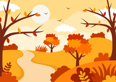 Autumn Landscape Background Vector Illustration with Mountains, Fields, Trees and Fall Leaves in Flat Cartoon Natural Season Panorama Templatesのイラスト素材
