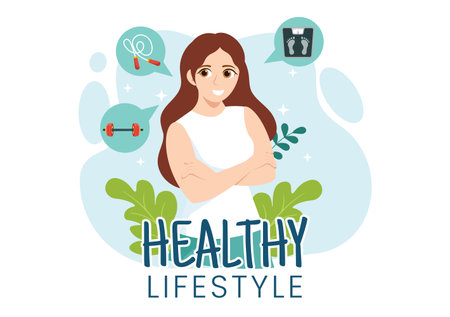 Healthy Lifestyle Vector Illustration with Organic Vegetables or Fruit, Sport and Workout in Flat Cartoon Hand Drawn Background Design Templatesのイラスト素材