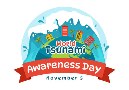 World Tsunami Awareness Day Vector Illustration on 5 November with Waves Hitting Houses and Building Landscape in Flat Cartoon Background Templatesのイラスト素材