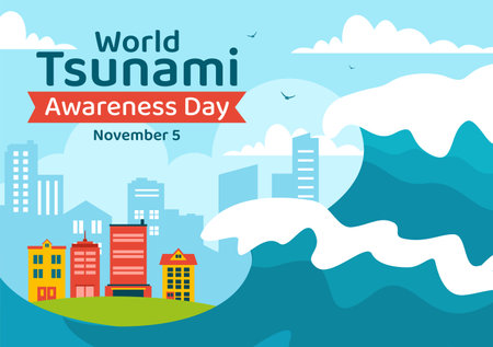 World Tsunami Awareness Day Vector Illustration on 5 November with Waves Hitting Houses and Building Landscape in Flat Cartoon Background Templatesのイラスト素材