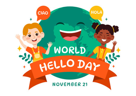 World Hello Day Vector Illustration on November 21 of Speech Bubbles with Different Languages from all over the Country in Kids Cartoon Backgroundのイラスト素材