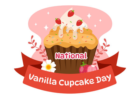 National Vanilla Cupcake Day Vector Illustration on 10 November of Cupcakes with Strawberry and Vanilla Cream in Flat Cartoon Pink Background Designのイラスト素材
