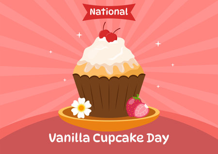 National Vanilla Cupcake Day Vector Illustration on 10 November of Cupcakes with Strawberry and Vanilla Cream in Flat Cartoon Pink Background Designのイラスト素材