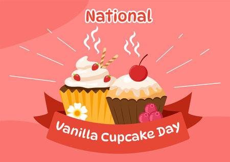 National Vanilla Cupcake Day Vector Illustration on 10 November of Cupcakes with Strawberry and Vanilla Cream in Flat Cartoon Pink Background Designのイラスト素材