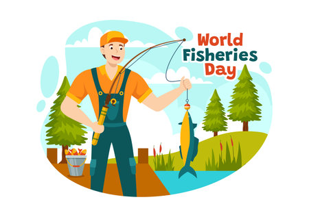 World Fisheries Day Vector Illustration of Fisherman with Fishing Rod on Boat at the Sea to Protecting Aquatic Ecosystems and Preserving Biodiversityのイラスト素材