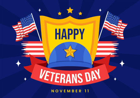 Happy Veterans Day Vector Illustration on 11 November with USA Flag and Soldiers for Honoring All Who Served in Flat Kids Cartoon Backgroundのイラスト素材