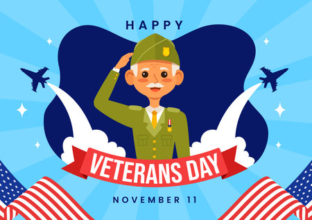Happy Veterans Day Vector Illustration on 11 November with USA Flag and Soldiers for Honoring All Who Served in Flat Kids Cartoon Backgroundのイラスト素材