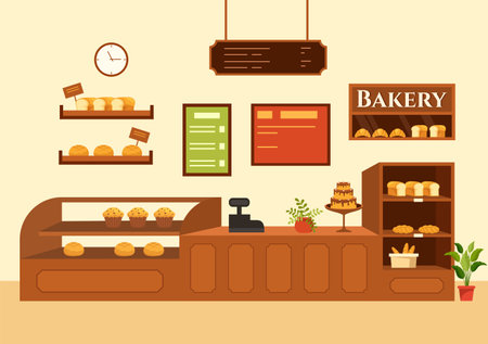 Bakery Store Vector Illustration with Various Types of Bread Products for Sale and Shop Interior in Flat Cartoon Background Design Templateのイラスト素材