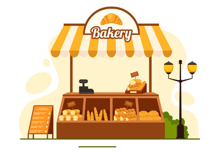 Bakery Store Vector Illustration with Various Types of Bread Products for Sale and Shop Interior in Flat Cartoon Background Design Templateのイラスト素材