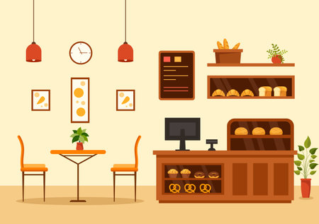 Bakery Store Vector Illustration with Various Types of Bread Products for Sale and Shop Interior in Flat Cartoon Background Design Templateのイラスト素材
