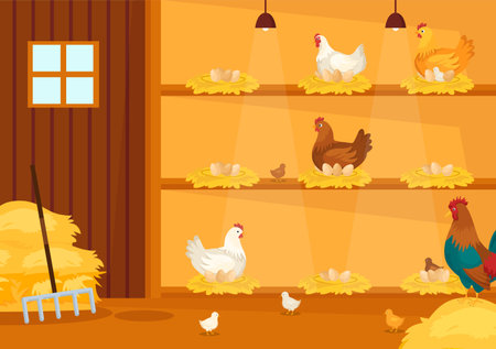Poultry Farm Vector Illustration with Chickens, Roosters, Straw, Cage and Egg on Scenery of Green Field Background in Flat Cartoon Designのイラスト素材