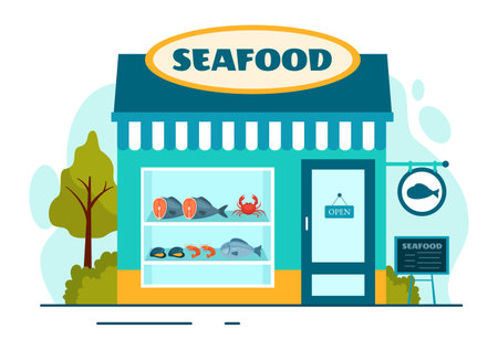 Seafood Market Stall Vector Illustration with Fresh Fish Products such as Octopus, Clams, Shrimp and Lobster in Flat Cartoon Background Designのイラスト素材