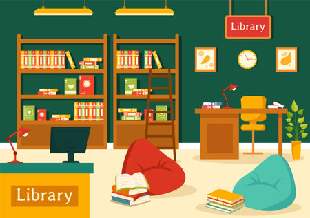 Library Vector Illustration of Book Shelves with Interior Wooden Furniture for Reading, Education and Knowledge in Flat Cartoon Background Designのイラスト素材
