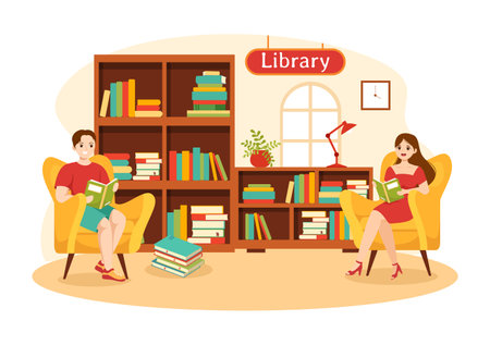 Library Vector Illustration of Book Shelves with Interior Wooden Furniture for Reading, Education and Knowledge in Flat Cartoon Background Designのイラスト素材