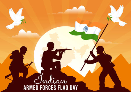 Indian Armed Forces Flag Day Vector Illustration with India and Army Flags in National Holiday Flat Cartoon Background Designのイラスト素材