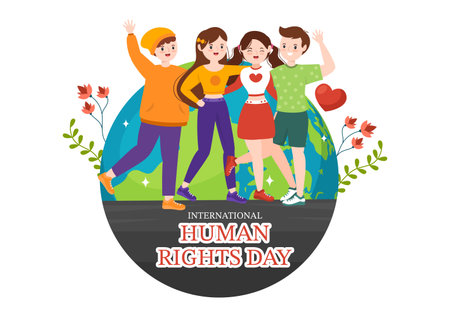 International Human Rights Day Vector Illustration on 10 December with Hand Breaks the Chain for Diverse Races People United for Freedom and Peaceのイラスト素材