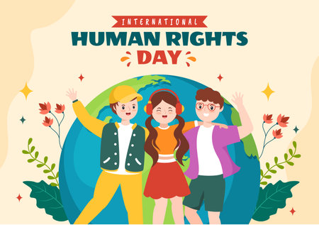 International Human Rights Day Vector Illustration on 10 December with Hand Breaks the Chain for Diverse Races People United for Freedom and Peaceのイラスト素材