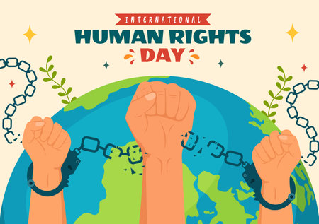 International Human Rights Day Vector Illustration on 10 December with Hand Breaks the Chain for Diverse Races People United for Freedom and Peaceのイラスト素材