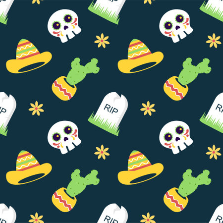 Dia de Muertos Seamless Pattern Illustration with Day of the Dead and Skeleton Element in Mexican Designのイラスト素材