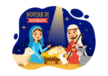 Novena De Aguinaldos Vector Illustration with Holiday Tradition for Families to Get Together at Christmas in Flat Cartoon Background Designのイラスト素材