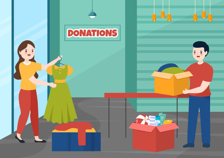 Fundraising Charity and Donation Vector Illustration with Volunteers Putting Coins or Money in Donation Box in Financial Support Cartoon Backgroundのイラスト素材