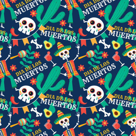 Dia de Muertos Seamless Pattern Illustration. Translation : Day of the Dead. Skeleton Element in Mexican Designのイラスト素材