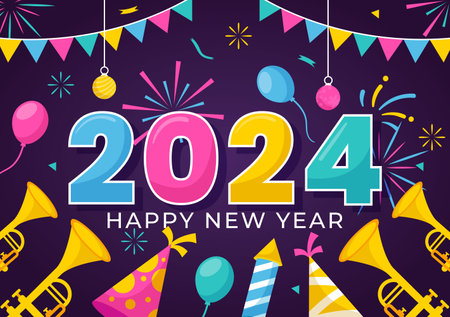 Happy New Year 2024 Celebration Vector Illustration with Trumpet, Fireworks, Ribbons and Confetti in Holiday National Flat Cartoon Backgroundのイラスト素材