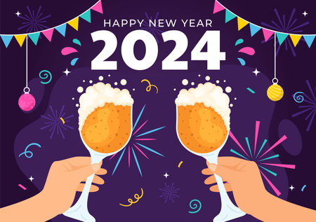 Happy New Year 2024 Celebration Vector Illustration with Trumpet, Fireworks, Ribbons and Confetti in Holiday National Flat Cartoon Backgroundのイラスト素材