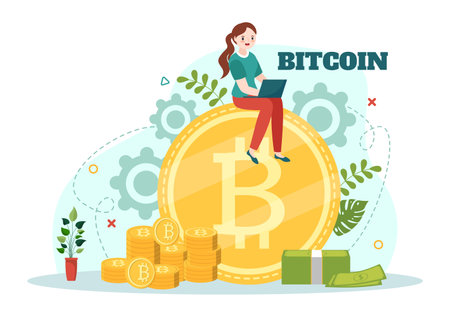 Bitcoin Vector Illustration with Cryptocurrency Coins of Blockchain Technology, Buy or Sell Trading, Crypto Market Exchange Value in Flat Backgroundのイラスト素材