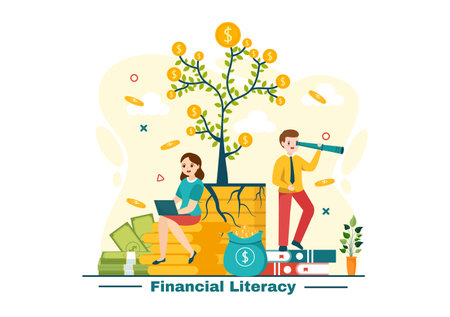 Financial Literacy Webinar Vector Illustration with Finance Management, Investment Money and Budget in Education Accounting Flat Background Designのイラスト素材