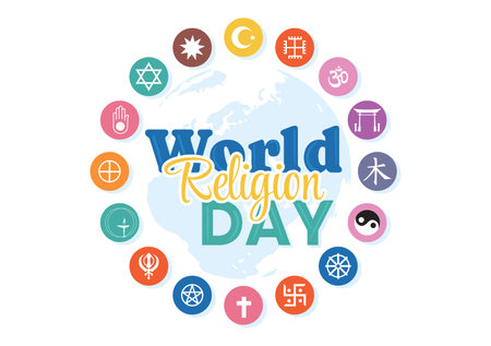 World Religion Day Vector Illustration on 17 January with Symbol Icons of Different Religions for Poster or Banner in Flat Cartoon Backgroundのイラスト素材