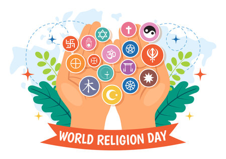 World Religion Day Vector Illustration on 17 January with Symbol Icons of Different Religions for Poster or Banner in Flat Cartoon Backgroundのイラスト素材