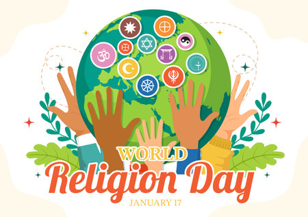 World Religion Day Vector Illustration on 17 January with Symbol Icons of Different Religions for Poster or Banner in Flat Cartoon Backgroundのイラスト素材