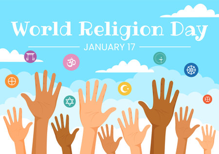 World Religion Day Vector Illustration on 17 January with Symbol Icons of Different Religions for Poster or Banner in Flat Cartoon Backgroundのイラスト素材