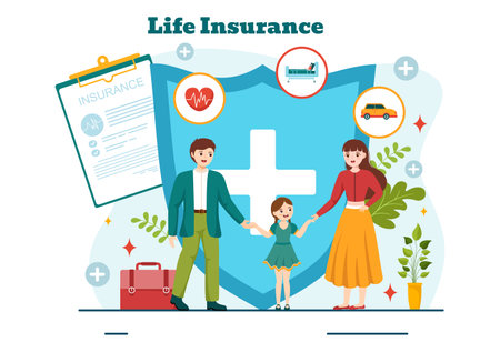 Life Insurance Vector Illustration with Check Marks, Shield and Umbrella for Family Healthcare Protection and Medical Service in Flat Backgroundのイラスト素材