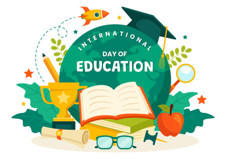 International Education Day Vector Illustration on 24 January with Student, Earth Globe and Study Element in Knowledge Flat Cartoon Background Designのイラスト素材