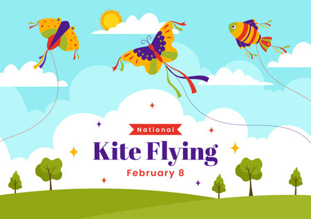National Kite Flying Day Vector Illustration on February 8 of Sunny Sky Background in Summer Leisure Activity in Flat Cartoon Background Designのイラスト素材