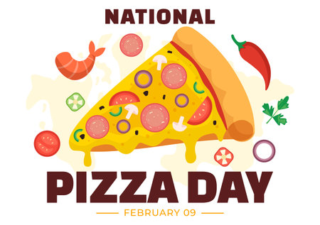 National Pizza Day Vector Illustration on February 9 with Various Toppings on Each Slice for Poster or Banner in Flat Cartoon Background Designのイラスト素材