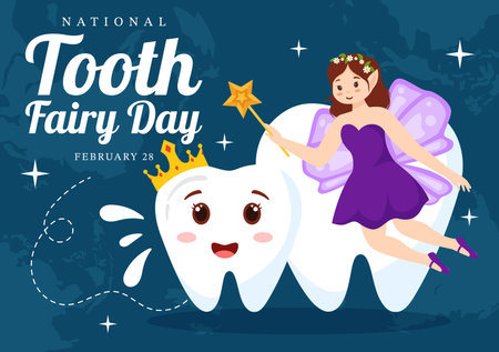 National Tooth Fairy Day Vector Illustration with Little Girl to Help Kids for Dental Treatment Fit in Flat Cartoon Background Designのイラスト素材