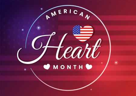February is American Heart Month Vector Illustration with USA Flag and Red Love for Healthy in Flat Cartoon Background Designのイラスト素材