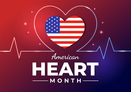 February is American Heart Month Vector Illustration with USA Flag and Red Love for Healthy in Flat Cartoon Background Designのイラスト素材