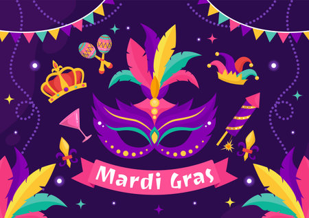 Mardi Gras Carnival Vector Illustration. Translation is French for Fat Tuesday. Festival with Masks, Maracas, Guitar and Feathers on Purple Backgroundのイラスト素材