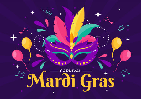 Mardi Gras Carnival Vector Illustration. Translation is French for Fat Tuesday. Festival with Masks, Maracas, Guitar and Feathers on Purple Backgroundのイラスト素材