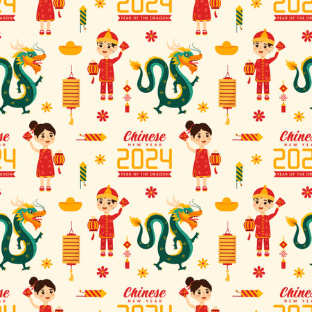 Happy Chinese New Year 2024 Seamless Pattern Design. Translation : Year of the Dragon. with Lantern, Dragons and China Elements in Flat Illustrationのイラスト素材