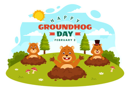 Happy Groundhog Day Vector Illustration on February 2 with a Groundhog Animal Emerged from the Hole Land and Garden in Background Cartoon Designのイラスト素材
