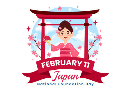 Happy Japan National Foundation Day Vector Illustration on February 11 with Famous Japanese Landmarks and Flag in Flat Kids Cartoon Backgroundのイラスト素材