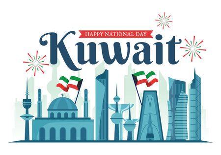 National Kuwait Day Vector Illustration on February 25th with Landmark, Waving Flag and Independence Celebration in Flat Cartoon Backgroundのイラスト素材