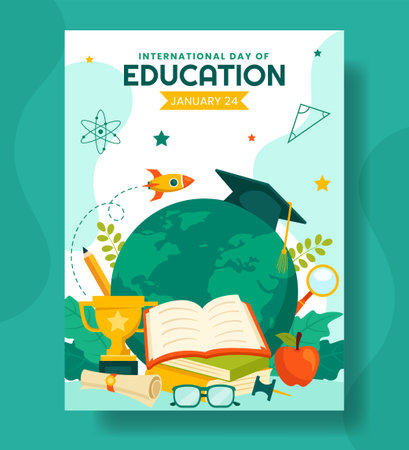 International Education Day Vertical Poster Cartoon Hand Drawn Templates Background Illustrationのイラスト素材
